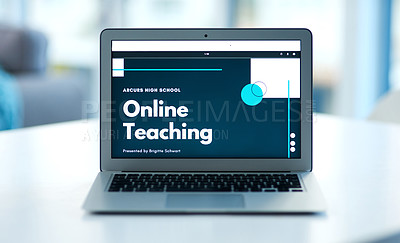 Buy stock photo Shot of a laptop displaying an online learning course on it’s screen