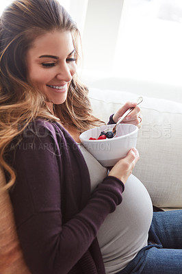 Buy stock photo Cropped shot of an attractive young pregnant woman eating breakfast while sitting on the sofa at home