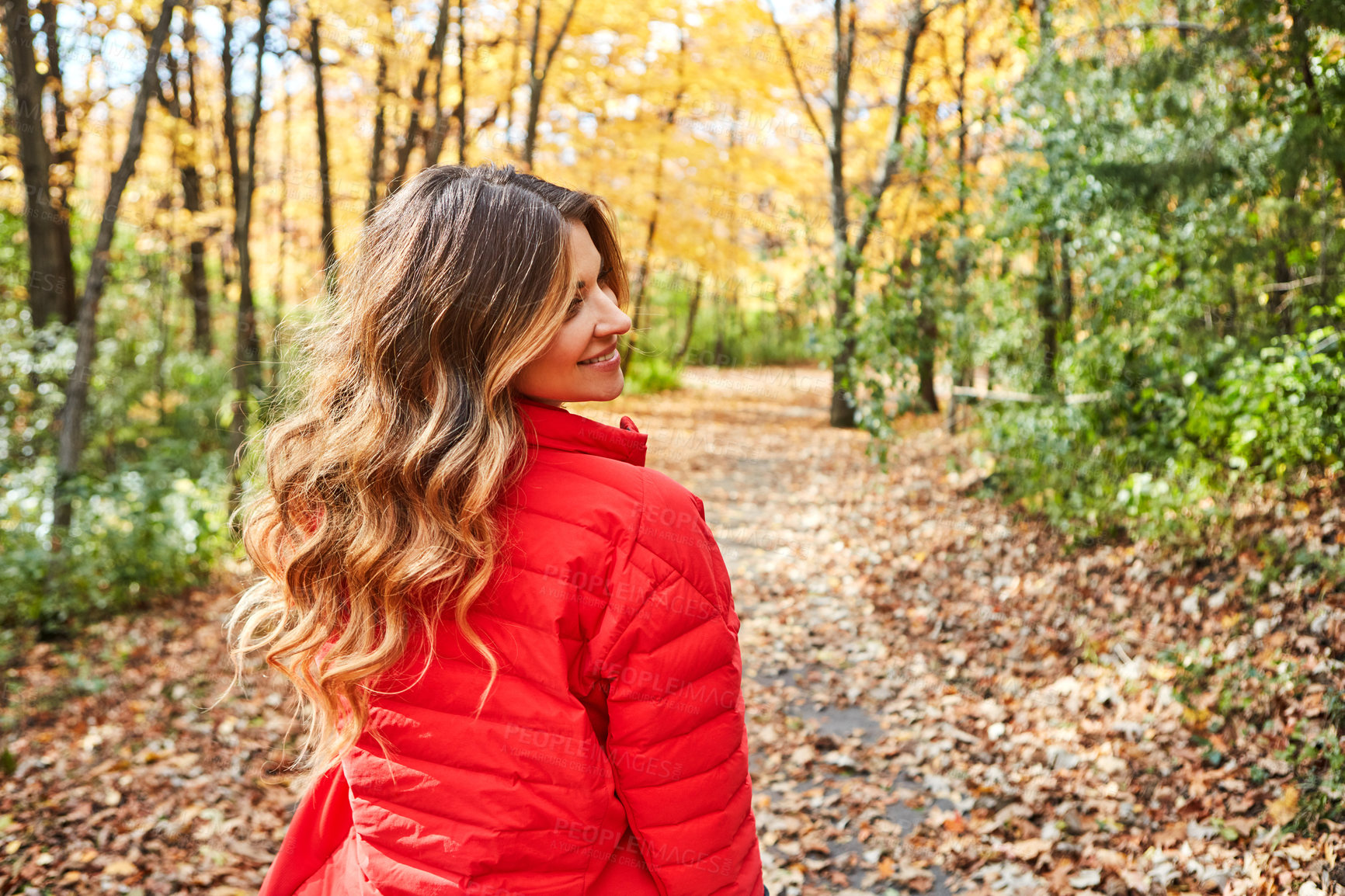 Buy stock photo Cropped shot of an attractive young woman in the forest during autumn