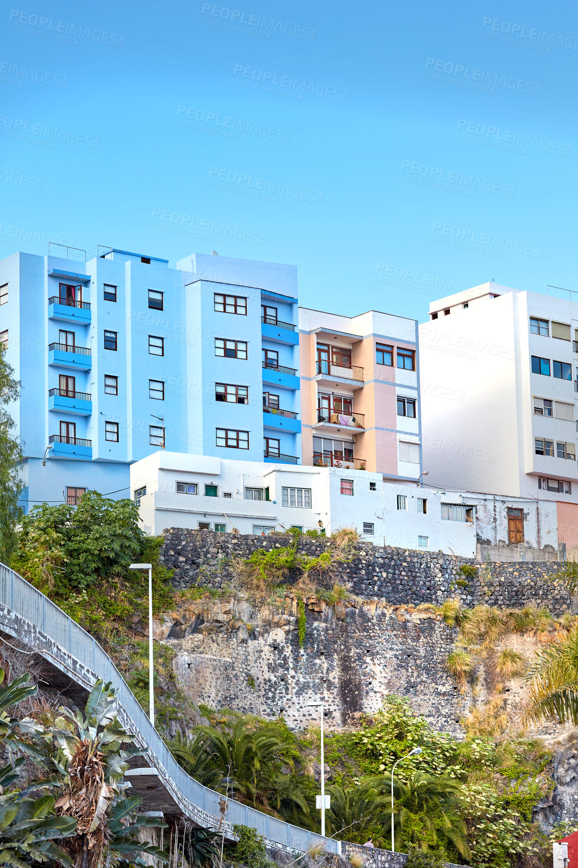 Buy stock photo Landscape of modern residential apartments in old city of in Santa Cruz de La Palma with copy space. Beautiful architecture of hotel in Spain with blue sky is ideal for accommodation during vacation
