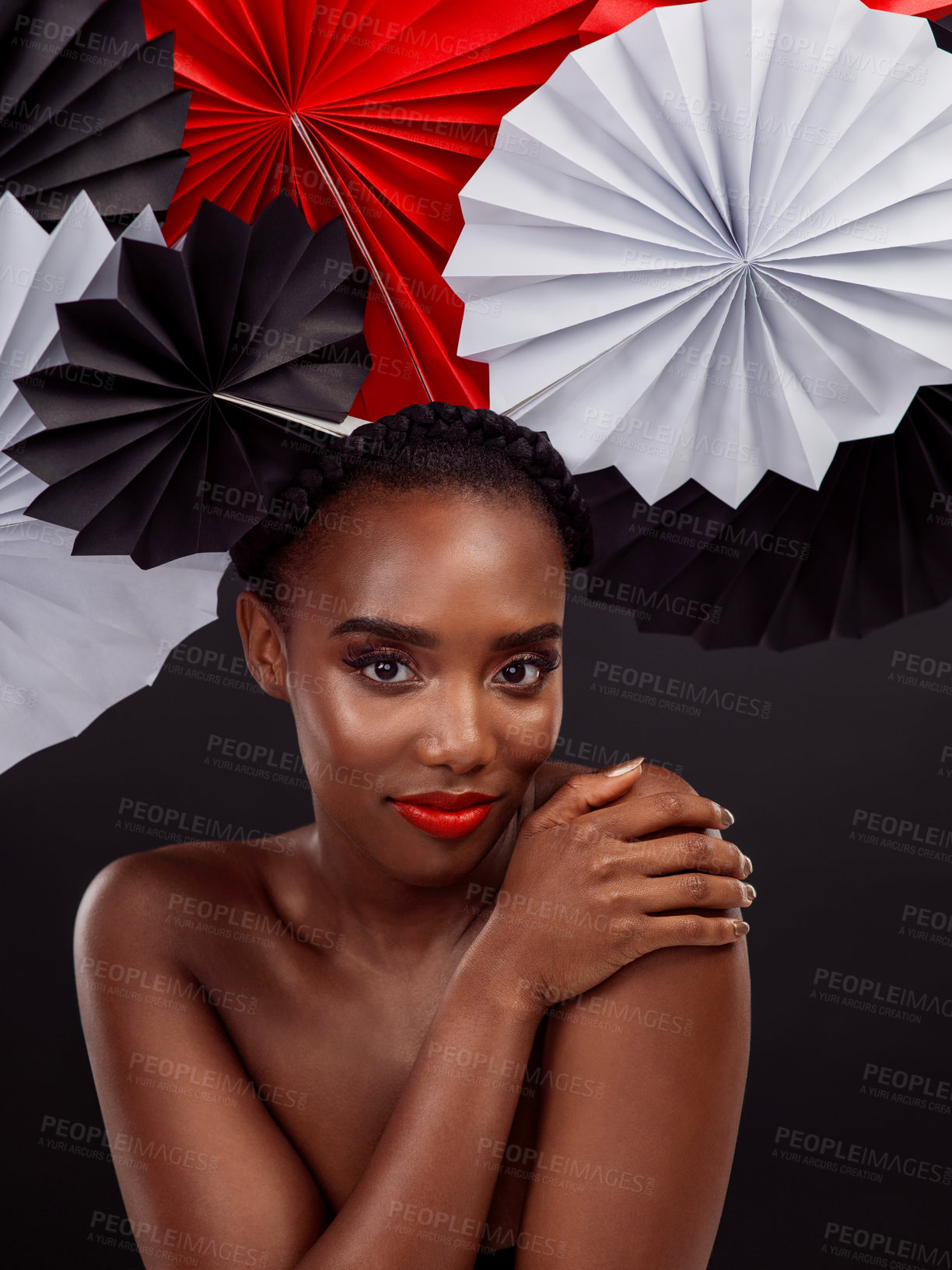 Buy stock photo Beauty, portrait and black woman with origami fans in studio, smile and dark background. Face, makeup and cosmetics of female model for aesthetic, traditional Japanese and paper art for culture hat