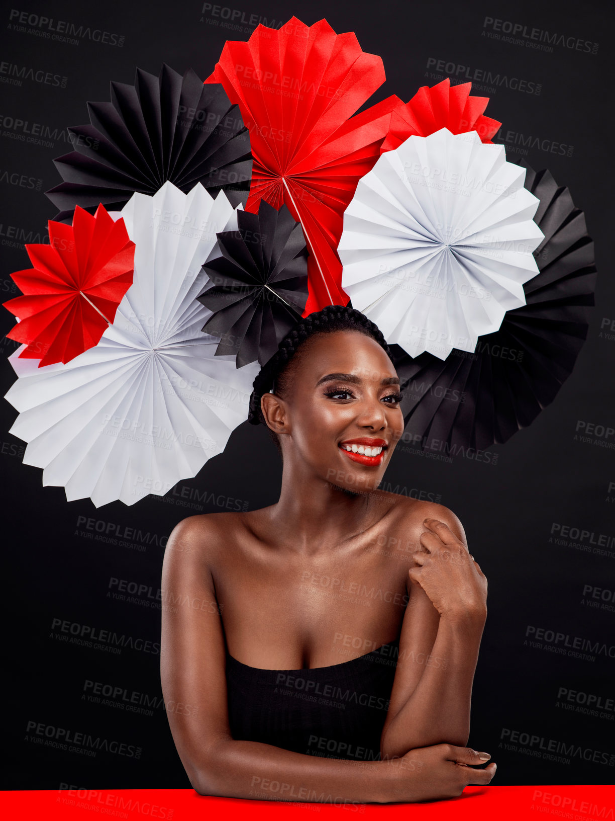 Buy stock photo Smile, thinking and black woman with origami fans, beauty and confident lady against a black background. Female person, model and girl with paper art, creativity and glamour with ideas and fantasy