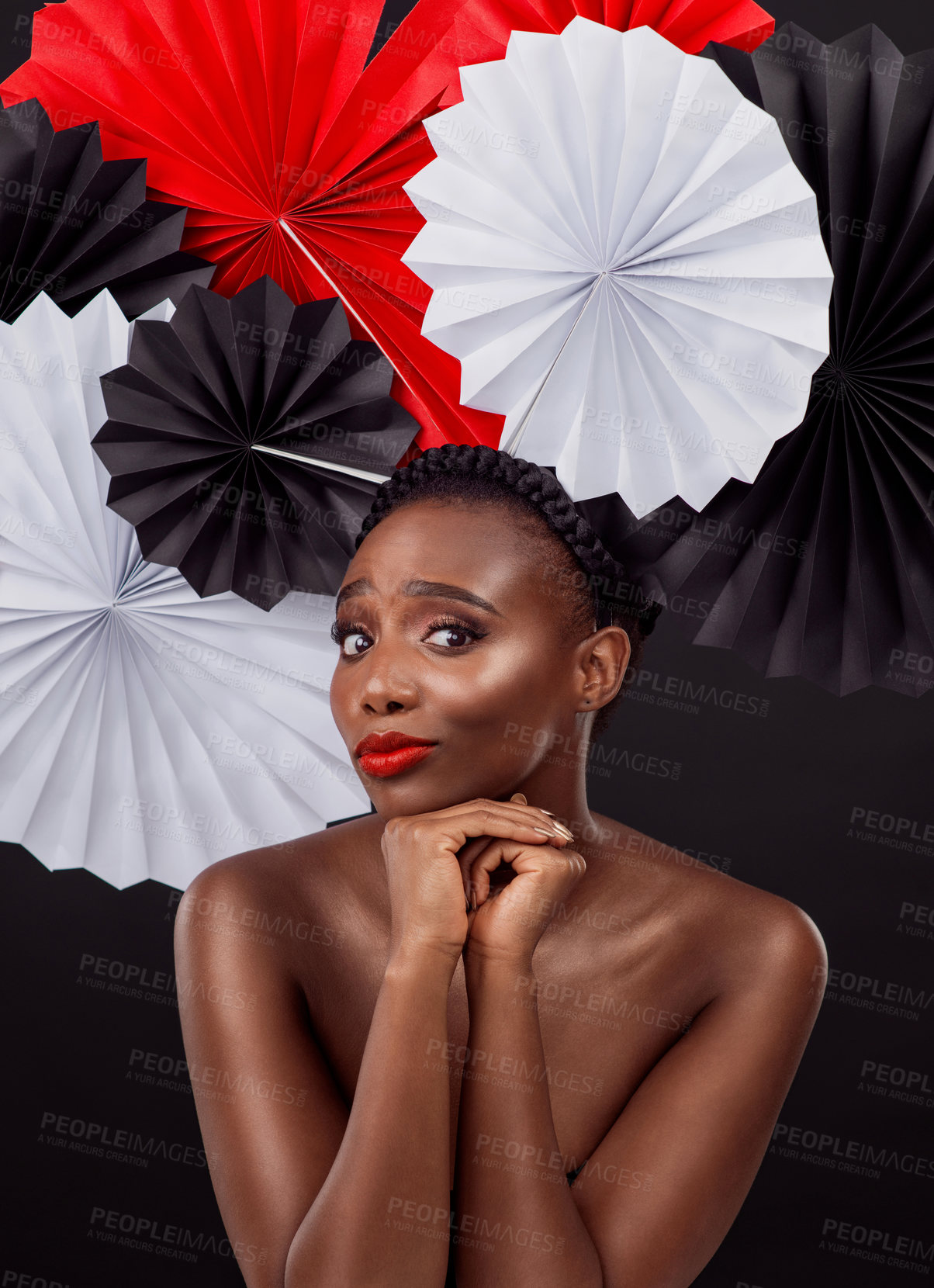 Buy stock photo Woman, portrait and beauty with origami fans in studio isolated on a dark background. Face, makeup cosmetics and skincare of black female model with traditional Japanese paper art for geisha hat