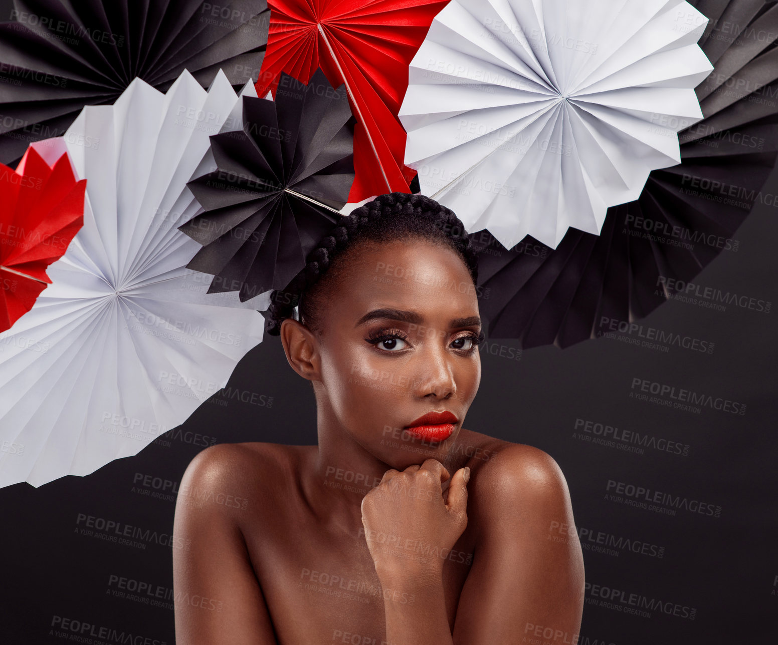 Buy stock photo Woman, portrait and beauty with origami fans in studio isolated on a dark background. Face, makeup cosmetics and skincare of black female model with traditional Japanese paper art for culture hat