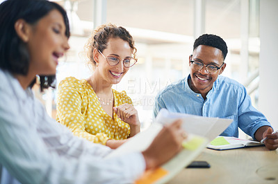 Buy stock photo Meeting, documents and business people in office for planning brand strategy for public relations. Discussion, creative career and international communications team with paperwork for client project.