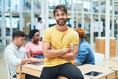 Buy stock photo Portrait, arms crossed and happy business man at startup for career pride, coworking and laughing at internship. Project manager, confident entrepreneur and employee with creative team at meeting