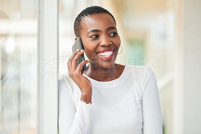 Buy stock photo Business, black woman and happy with phone call in office with communication, discussion and corporate deal. African, employee and mobile chat at work for networking contact, conversation and talking