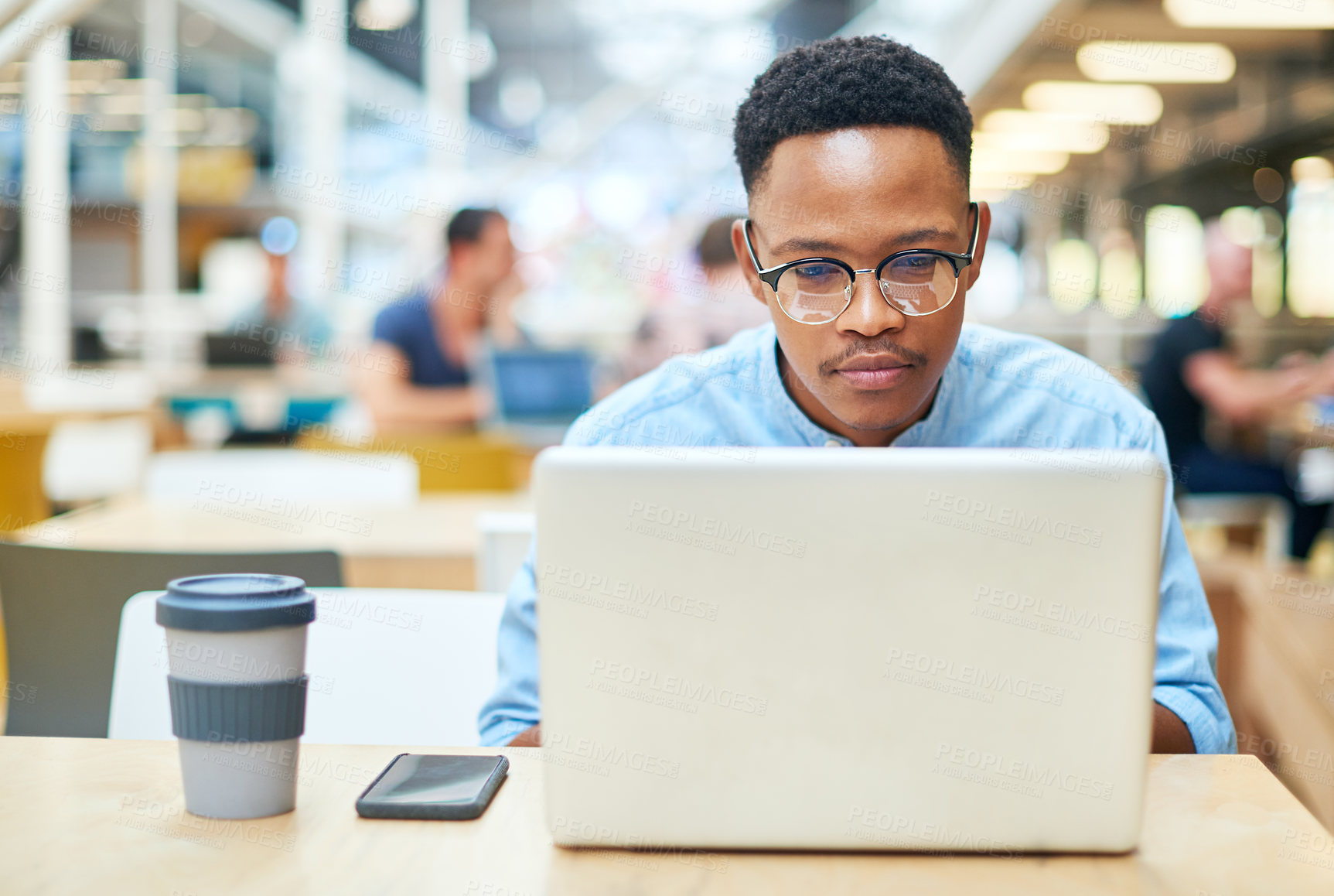 Buy stock photo Business, black man and laptop in office for reading, planning and research for article information. Workplace, male journalist and digital with connection for startup, publication and web ideas