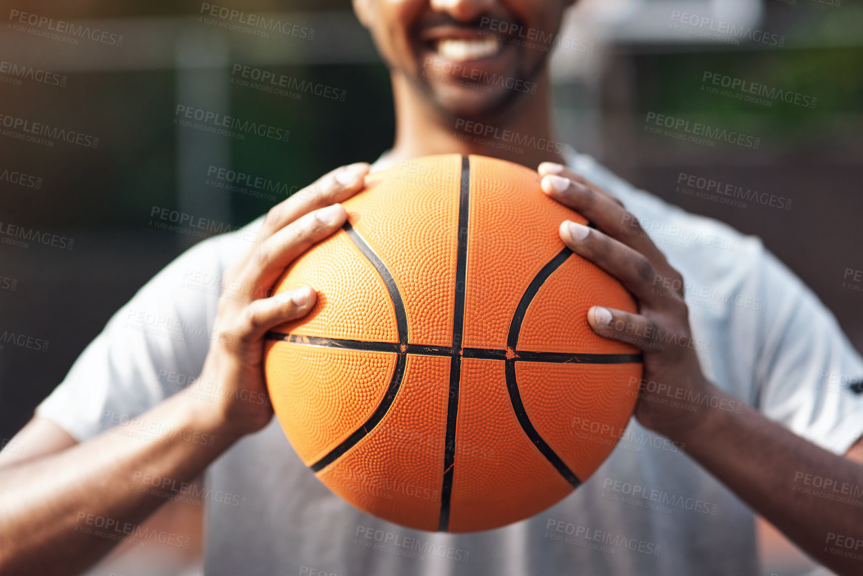 Buy stock photo Basketball, court and hands of man with ball ready for match, tournament and playing game. Sports, athlete and person with equipment for exercise, training and practice for active hobby outdoor