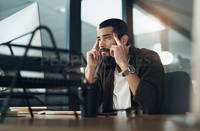 Buy stock photo Computer engineer, design and headache with man in office for website coding or programming deadline. Burnout, fatigue and problem solving with programmer employee in creative workplace for overtime