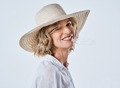 Buy stock photo Cropped shot of a mature woman looking stylish against a white background