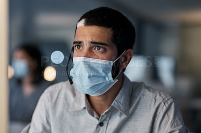 Buy stock photo Call center, stress and man with mask at computer for customer service, telemarketing and CRM consulting. Worried male agent, face and virus protection for telecom error, mistake or anxiety in office