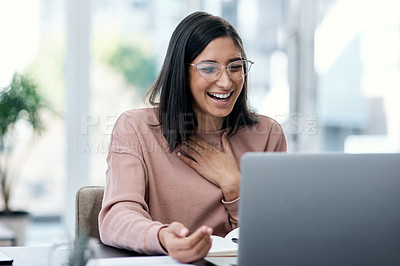 Buy stock photo Laptop, excited and remote work of woman in home with good news, promotion or bonus in house. Computer, wow and surprised female person, freelancer and success, winning competition and email reward.