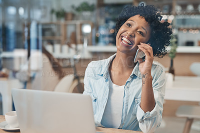 Buy stock photo Happy creative woman, laptop and phone call in coffee shop meeting for startup, artist or small business agency. Designer, laugh and art director for project proposal, planning or entrepreneur goals