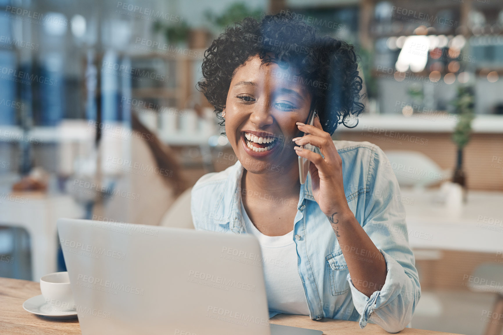 Buy stock photo Creative woman, laptop and phone call laugh in coffee shop meeting for startup, artist or small business agency. Happy, designer and art director for project proposal, planning or entrepreneur goals