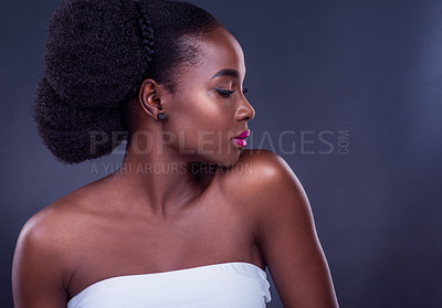 Buy stock photo Black woman, space or profile for beauty, skincare, natural makeup or healthy shine isolated in studio. Dermatology mockup, hair care and African model with glow, pride or results on dark background