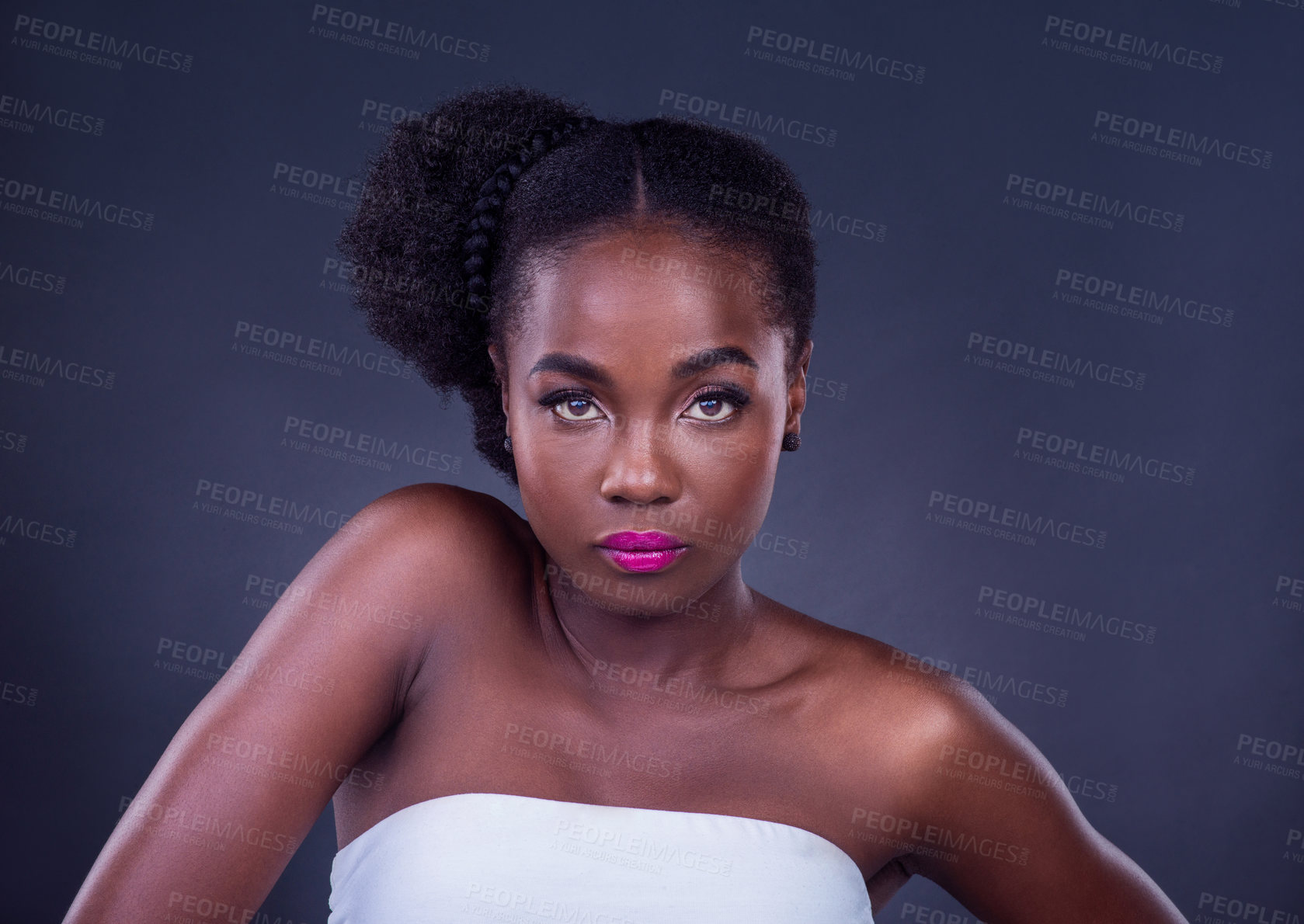 Buy stock photo Black woman, lipstick or portrait for beauty, skincare, natural cosmetics and healthy shine isolated in studio. Face, girl or confident African model with glow, makeup or results on dark background
