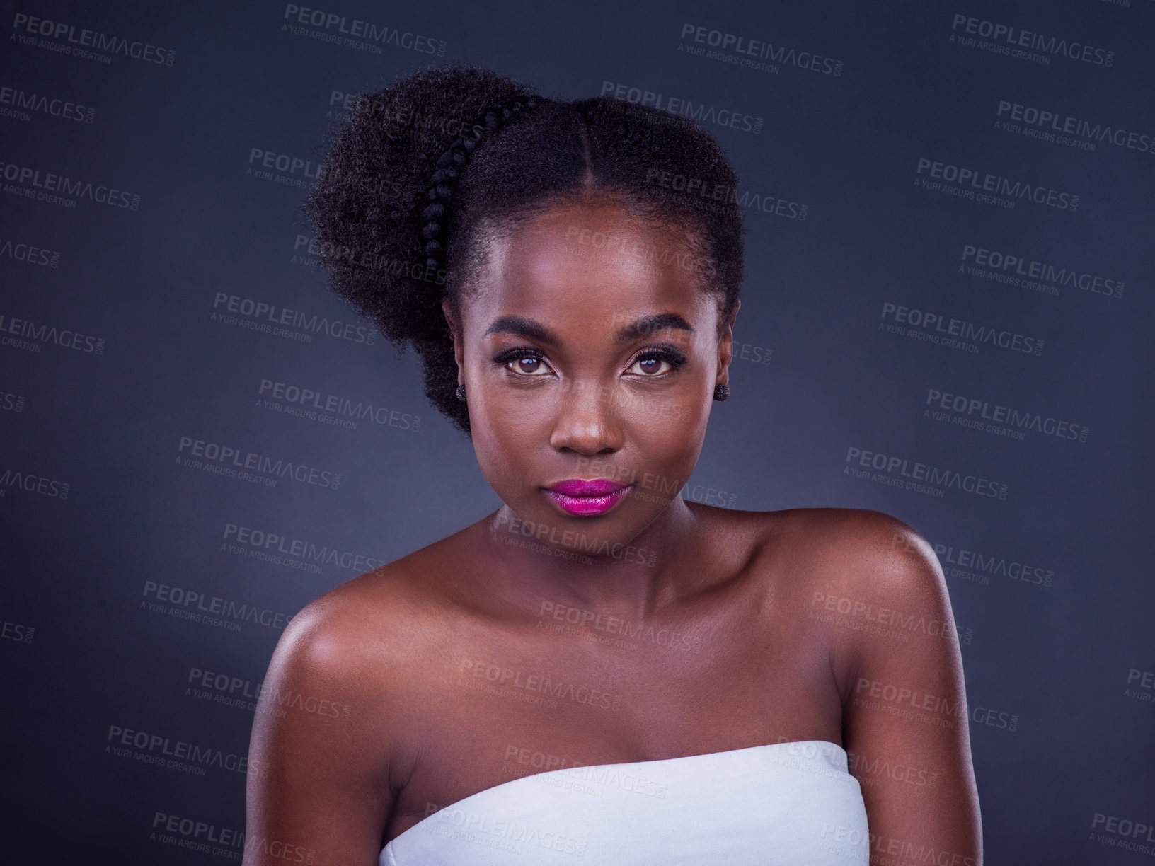 Buy stock photo Black woman, face and beauty in portrait with mockup space isolated in dark background. African female person or model and skincare with makeup for natural shine or glow with dermatology treatment