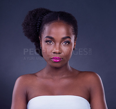 Buy stock photo Portrait, makeup or black woman with beauty, skincare or natural cosmetics for healthy shine in studio. Face, girl or confident African model with glow, lipstick or facial results on dark background