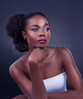 Buy stock photo Black woman, thinking and beauty in studio with idea, inspiration or vision for inclusive cosmetics. Young thoughtful model with skincare, makeup or foundation for cosmetology on dark background