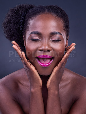 Buy stock photo Black woman, makeup and surprise expression in studio with bold lipstick for beauty on dark background. Smile, African female person and vibrant face or bright cosmetic or foundation on backdrop