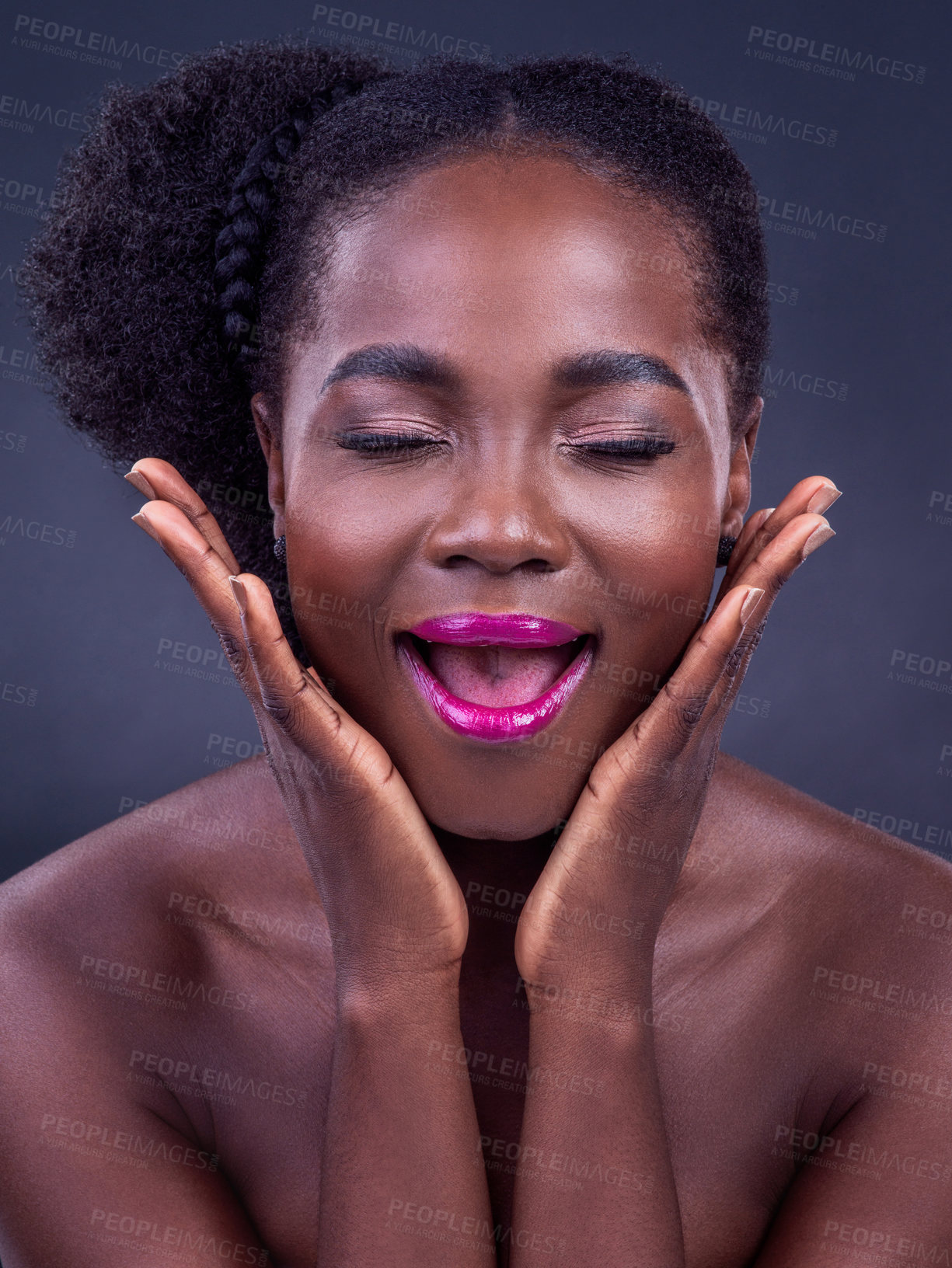 Buy stock photo Black woman, makeup and surprise expression in studio with bold lipstick for beauty on dark background. Smile, African female person and vibrant face or bright cosmetic or foundation on backdrop