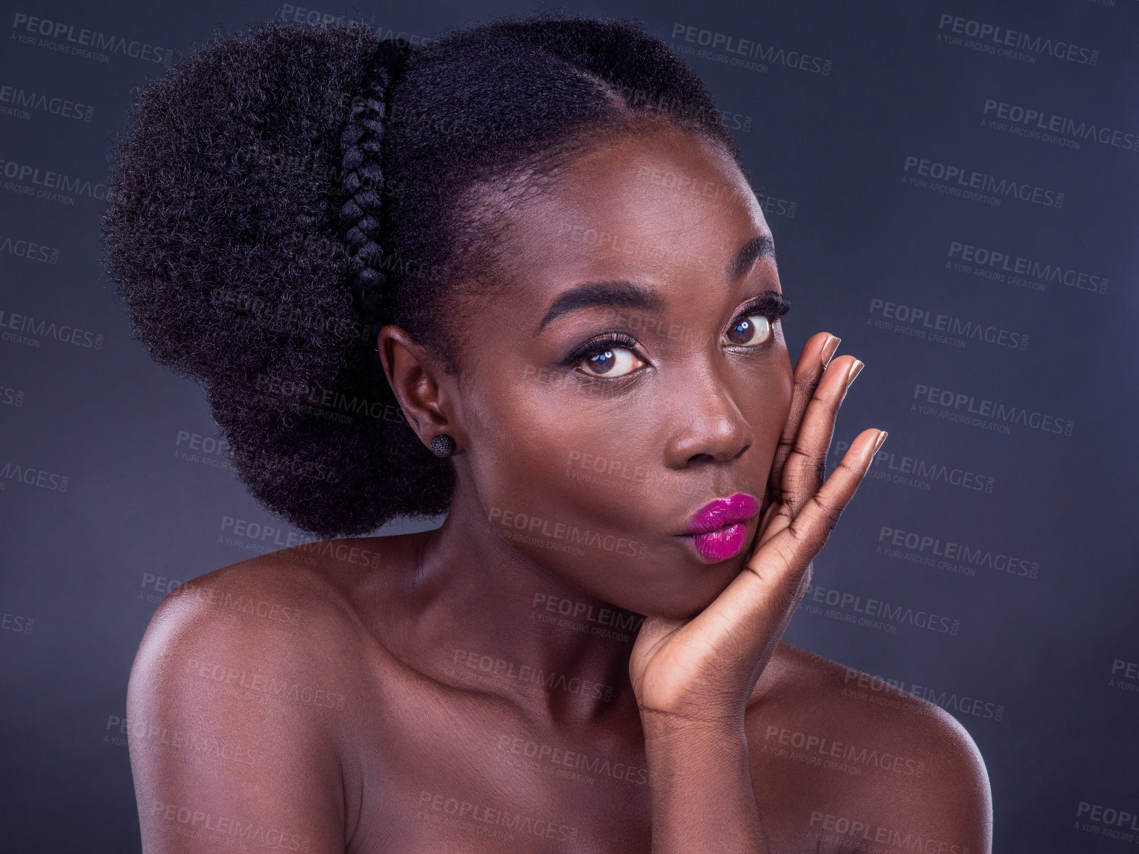 Buy stock photo Portrait, studio and black woman for beauty, cosmetic and makeup for cosmetology. Face, skincare and wellness for calm female model, lipstick and spa or salon collagen treatment glow with hands