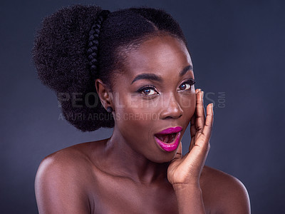 Buy stock photo Portrait, shock and black woman for beauty, cosmetic and makeup on dark background. Face, skincare or wellness for calm female model, expression and lipstick for spa or salon treatment glow with hand