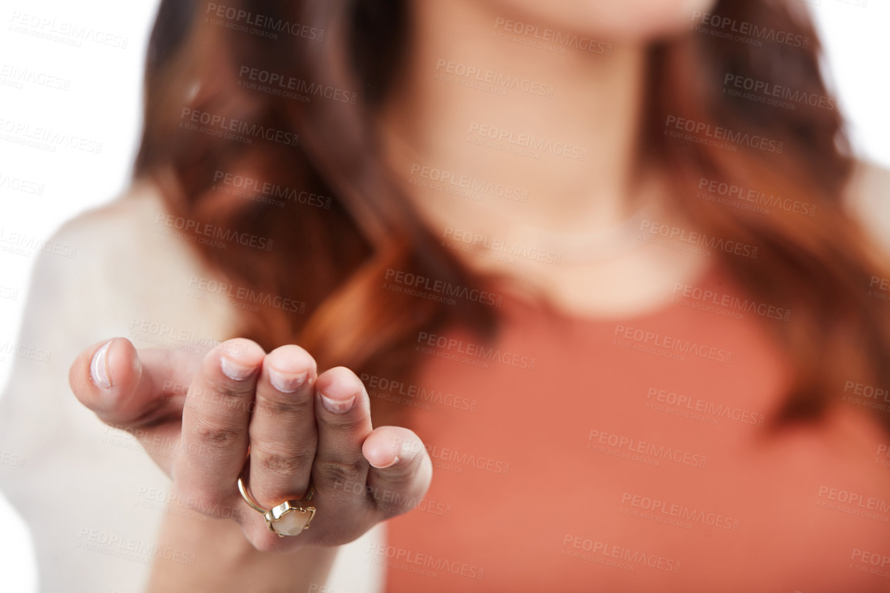 Buy stock photo Shot of an unidentifiable young woman holding up a toy animal in studio