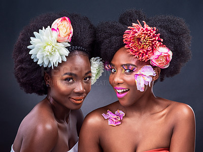 Buy stock photo Portrait, makeup and happy black women with flowers in studio for organic cosmetics, makeover or glow on dark background. Beauty, afro and models with carnation for wellness, aesthetic or lipstick