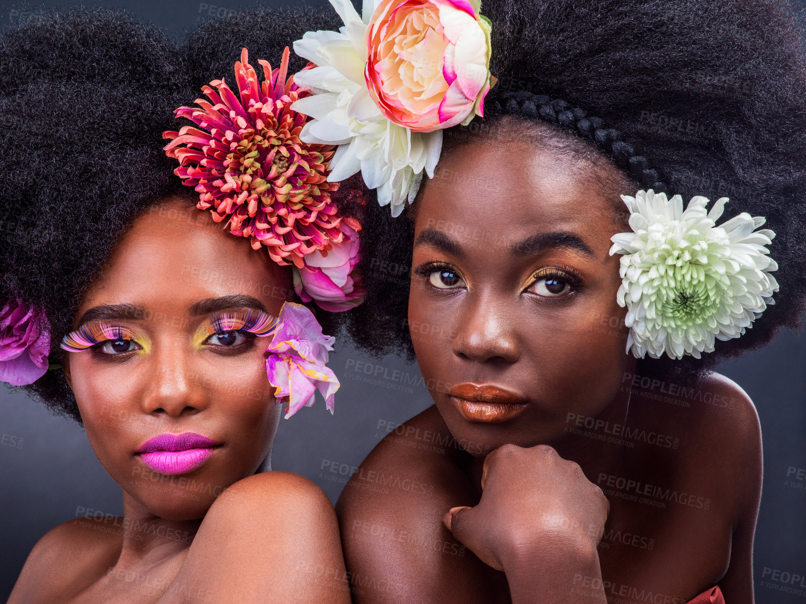 Buy stock photo African, beauty and creative makeup with flowers and art in dark background, studio and mockup. Floral, cosmetics and portrait of women or friends with natural, daisy and sustainable skincare