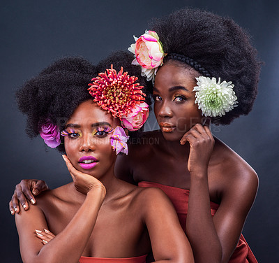 Buy stock photo Creative, beauty and flowers in makeup with daisy in art on dark background, studio and mockup. Floral, cosmetics and friends of black woman in portrait with natural African hair and spring skincare