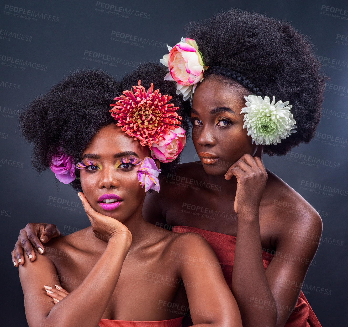 Buy stock photo Creative, beauty and flowers in makeup with daisy in art on dark background, studio and mockup. Floral, cosmetics and friends of black woman in portrait with natural African hair and spring skincare