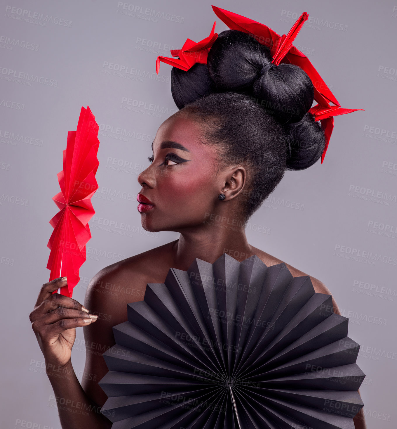 Buy stock photo Culture, makeup and creative with black woman in studio for origami, art and beauty. Traditional, cosmetics and paper design with female model and fans on grey background for asian, retro or color