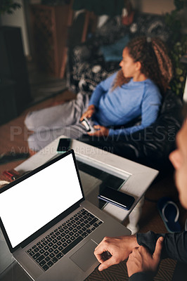 Buy stock photo Couple, man and laptop for working from home, online console games and internet for copywriting. Woman, virtual challenge and blog publication on web in lounge, controller and streaming tournament