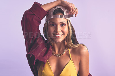 Buy stock photo Face, fashion and portrait of woman in studio isolated on purple background for casual or trendy style. Clothes, outfit and smile with happy person in relaxed clothing or streetwear with model