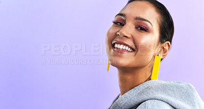 Buy stock photo Young woman, portrait and makeup with jewelry, happiness and mockup in studio. Purple background, female person and gen z fashion with face and millennial style with a smile and beauty cosmetics