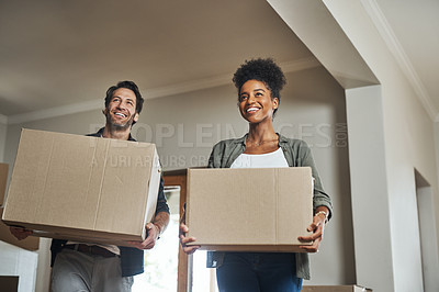 Buy stock photo Happy couple, real estate and boxes in new home for relocation, renovation or investment together. Excited man and black woman apartment owner carrying box in house, moving in property or mortgage