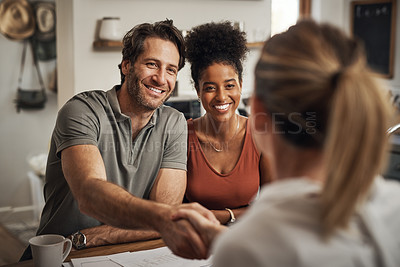 Buy stock photo Married couple doing handshake with lawyer, legal advisor and attorney for signing property agreement, investing or sharing assets. Husband and wife thanking after consulting with law paralegal 