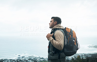 Buy stock photo Profile, hiking and man with nature, travel and wellness with exercise, recreation and hobby. Healthy person, backpack or hiker with tourism, adventure and journey with cardio, explore or environment