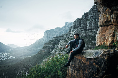 Buy stock photo Hiking, thinking and peace with man on mountain for explore, travel and adventure. Challenge, wellness and holiday with person and trekking in nature for backpacking, relax and camping vacation