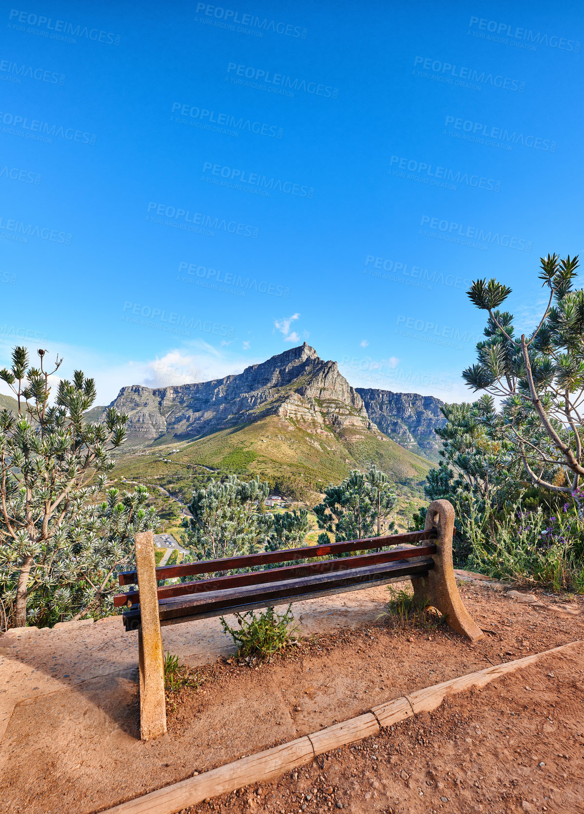 Buy stock photo Relaxing botanical garden park bench to enjoy zen landscape view of scenic mountains and nature reserve. Table Mountain National Park in Cape Town, South Africa with calm blue sky and local seating 