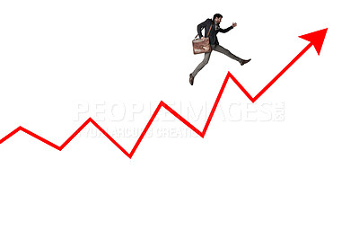 Buy stock photo Shot of a businessman carrying a bag and running above a graph against a white background