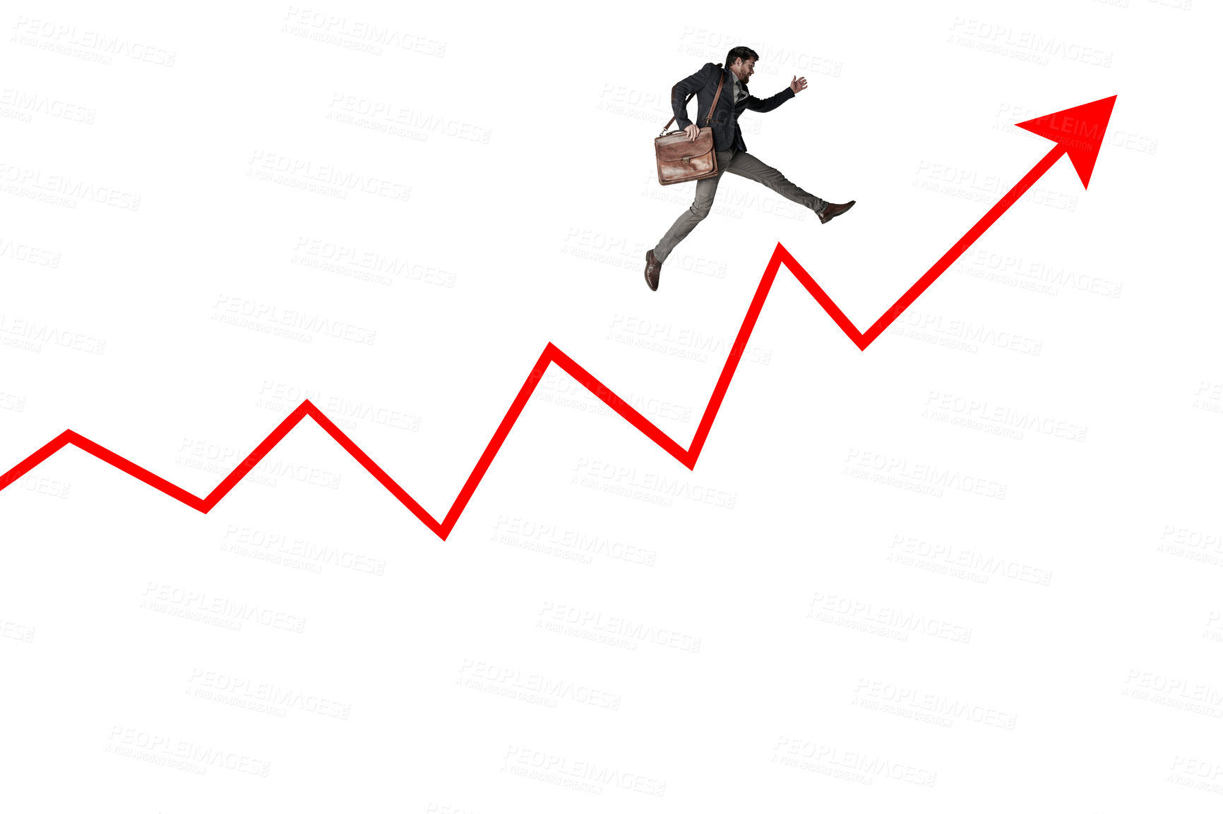 Buy stock photo Shot of a businessman carrying a bag and running above a graph against a white background