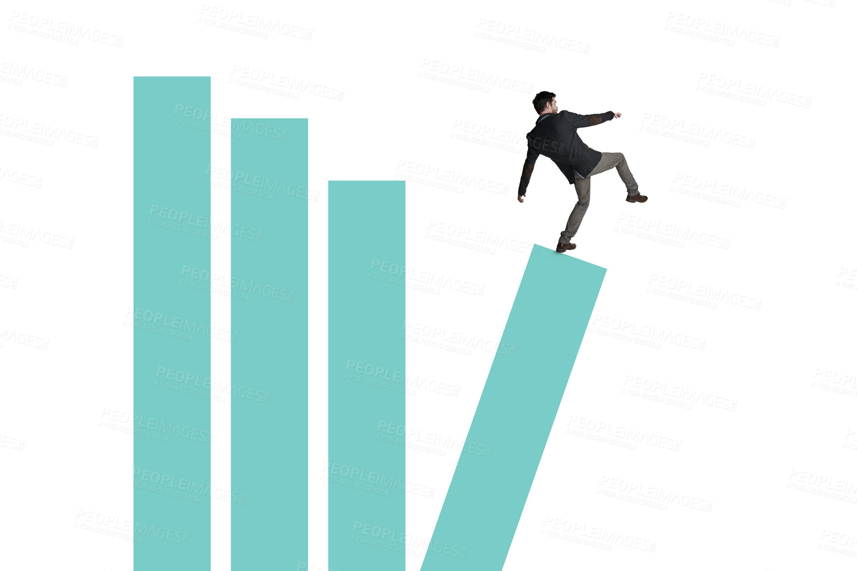 Buy stock photo Shot of a businessman balancing on top of a graph against a white background