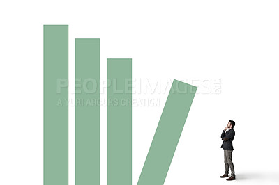 Buy stock photo Shot of a businessman looking thoughtfully at a graph against a white background