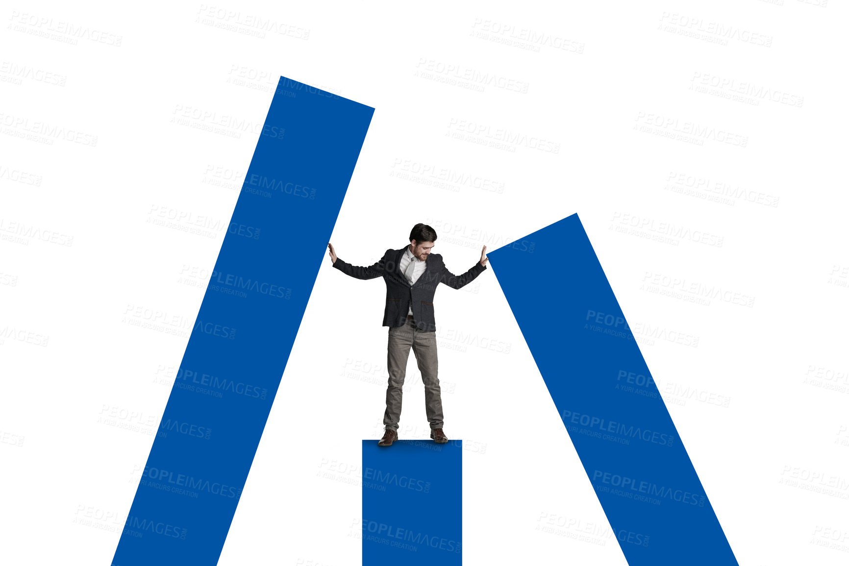 Buy stock photo Shot of a businessman leaning against a graph against a white background