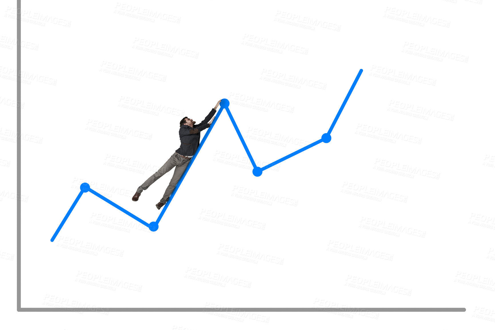 Buy stock photo Shot of a businessman hanging onto a rising graph against a white background