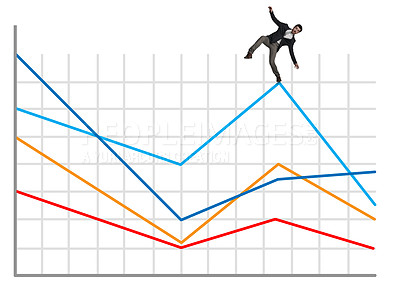 Buy stock photo Shot of a businessman falling off a graph against a white background