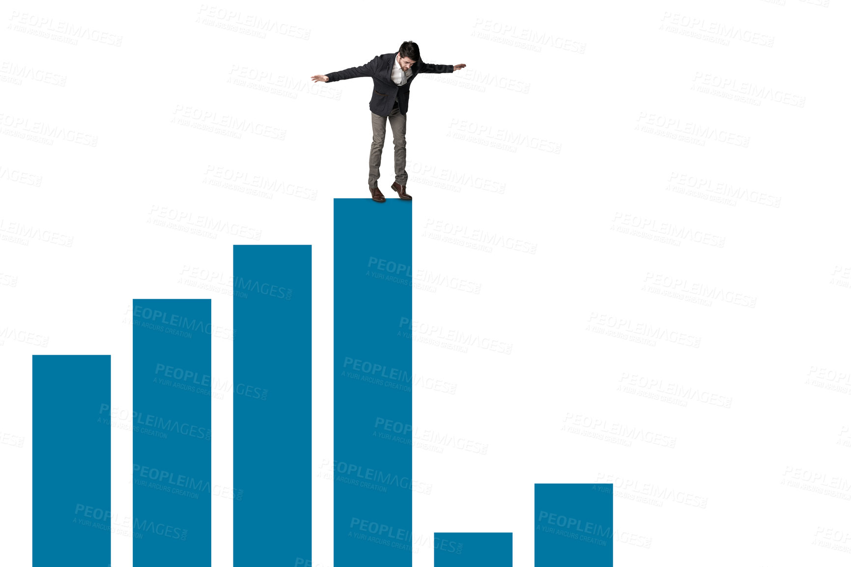 Buy stock photo Shot of a businessman about to jump from the edge of a graph against a white background